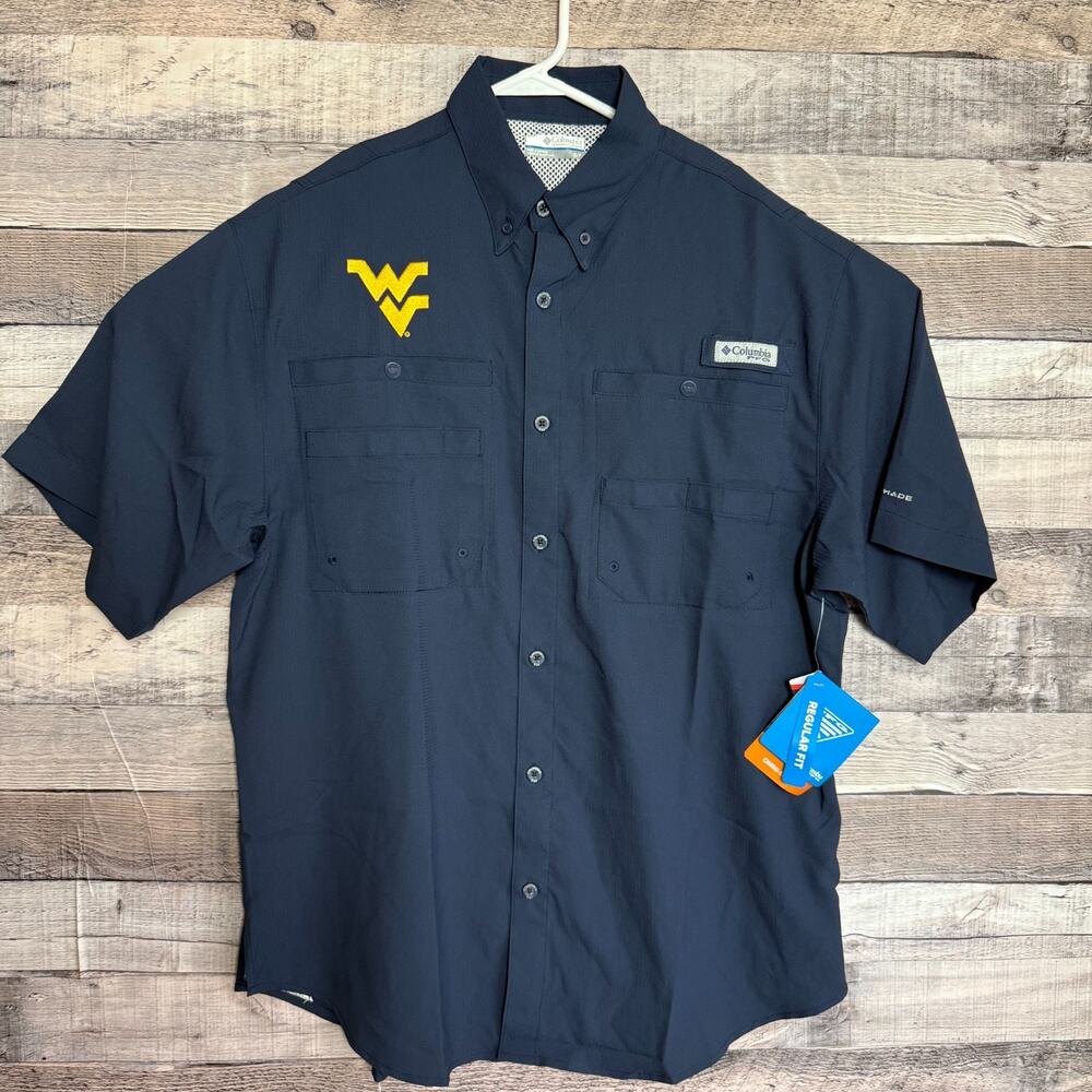 West Virginia Mountaineers Mens Columbia PFG Shirt Small Blue Button Up NEW
